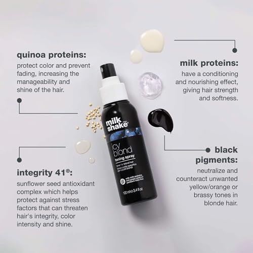 milk_shake icy blond toning spray | leave-in toner with black pigment to cool brass and refresh icy tones in platinum blonde hair | adds softness, shine, and detangling | 3.4 fl oz