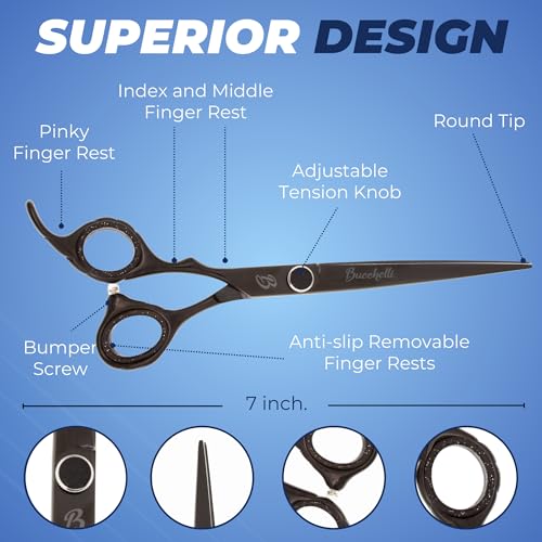 Bucchelli 7-Inch Left-Handed Hair Cutting Scissors with Adjustable Tension – Japanese 440A Steel, Micro Bevel Edge, Black