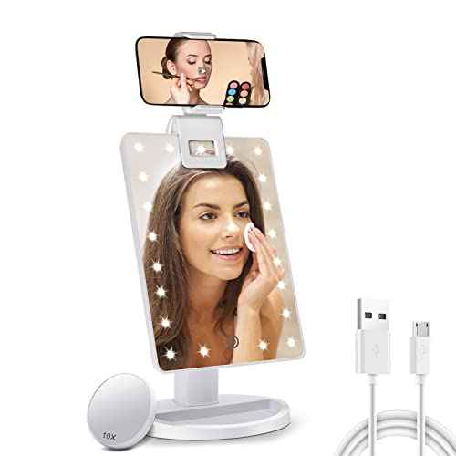 Lighted Makeup Vanity Mirror with Phone Holder and 10X Magnifying Mirror, 21 LED Lighted Mirror with Touch Sensor Dimming, 180¡ÆAdjustable Rotation, Dual Power Supply, Portable Cosmetic Mirror