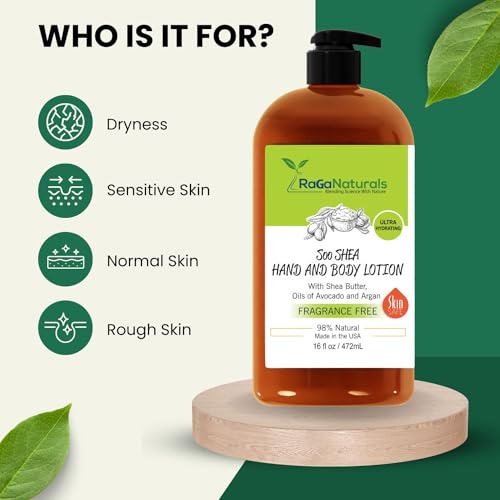 RaGaNaturals Body Lotion- Unscented Shea Butter, Argan, Avocado, Vitamin E & B5- Plant Based, All Natural, Fragrance Free, Non-Greasy, Vegan, Moisturizer, Hydrate Dry Skin- Women, Men, Kids - 16 Fl Oz