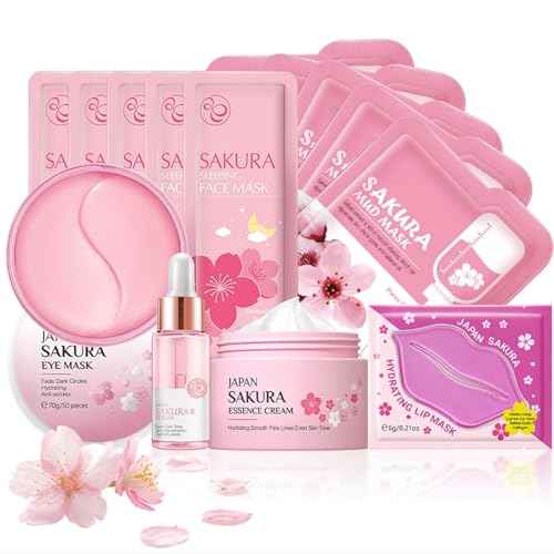 Sakura Skin Care Set, Skin Care For Teens 10-12, Travel Essentials Skincare Gift Set For Women - Cream, Serum, Eye Mask, Lip Mask, 5 Sleeping Mask, 5 Mud Mask, Hydrating Teen Skincare Kit