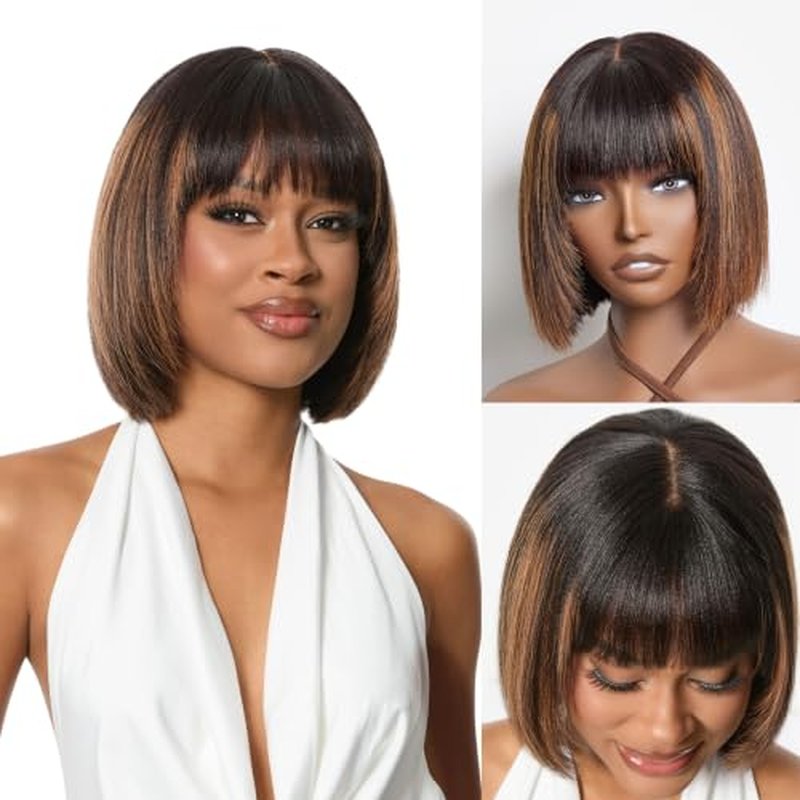 10 Inch Yaki Straight Bob Wig with Bangs & Brown Highlights