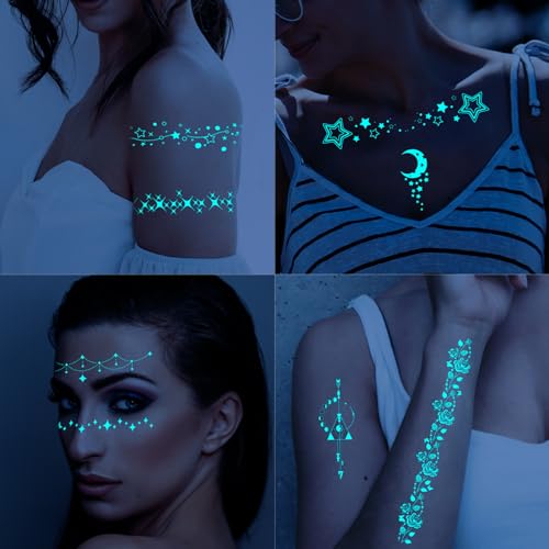 Glow in the Dark Temporary Tattoos for Women, 9-Sheet Moon Star Set