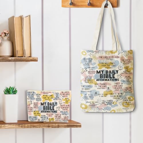 Daily Affirmations for Women Faith Christian Gifts£¬2PCS Cosmetic Bag Canvas Tote Bag Beach Bags with Pocket Makeup Bags£¬Scripture Bible Verse Mental Health Gifts for Female Friend Birthday Christmas