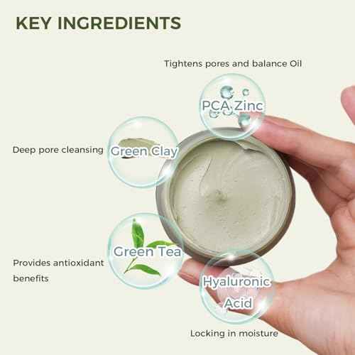 Purifying Green Tea Mask, Natural Facial Clay Mask Deep Pore Cleansing with Green Tea Extract and Portulaca Extract, for Clogged Pores, Detoxifies & Balance Oil, 3.52 fl.oz
