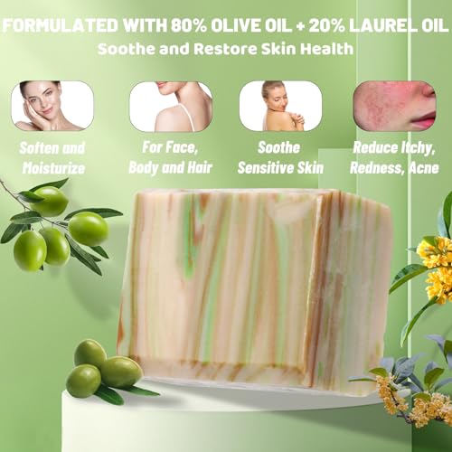 5 Pack Olive Oil Soap Bar, Organic and Natural Soap Handmade with 80% Olive Oil 20% Laurel, Cold Pressed Bar Moisturize and Soothe Itchy for Face, Body and Hair, Fragrance Free, 3.53 oz