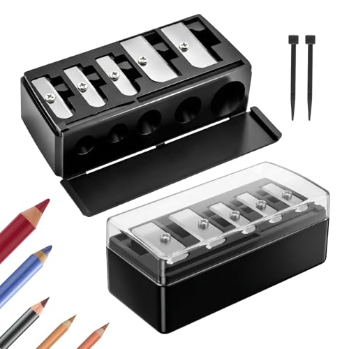 5-Hole Cosmetic Makeup Pencil Sharpener - 2 Pack with Cleaning Picks (Black)