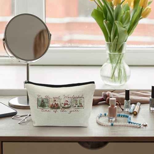 ignytiger Christmas Makeup Bag, Christmas Santa Gifts Cosmetic Bags for Women, Winter Holiday Santa Snowman Reindeer Xmas Tree Canvas Makeup Pounch Zipper Pouches for Purse