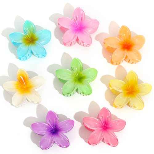 Flower Hair Clips for Women, 8 PCS Hawaiian Claw Clips for Vacation Hibiscus Hair Claw Clips Cute Large Hair Clips for Thick and Thin Hair Plumeria Hair Accessories