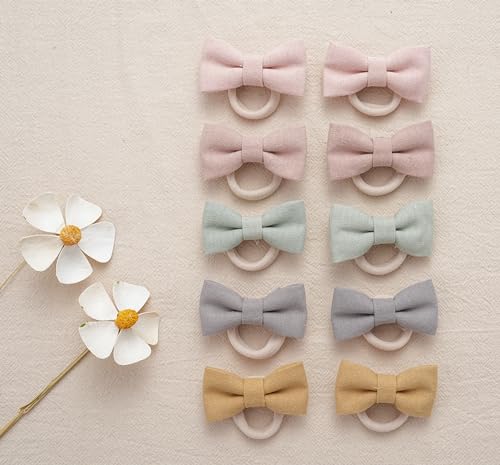 Baby Girls Hair Ties with Linen Bows – 20 Pcs No-Damage Elastic Nylon Ponytail Holders