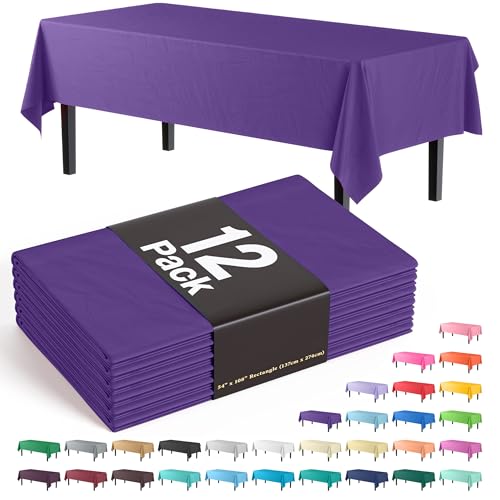 Exquisite 12-Pack Premium Plastic Tablecloth 54in. x 108in. Rectangle Table Cover - Purple