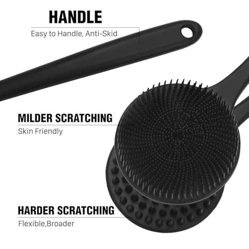 Dual-Sided Silicone Body Scrubber with Long Handle & Lather Balls
