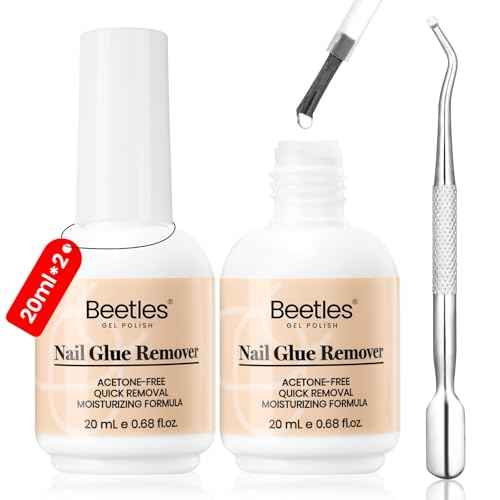 Beetles 2 Pcs Nail Glue Remover 20 ml for Press on Nails, False Nails Glue Remover for Fake Nail Tips Acrylics Nails Adhesive Remover Includes Cuticle Pusher, Not for Uv Gel Glue or Gel Polish