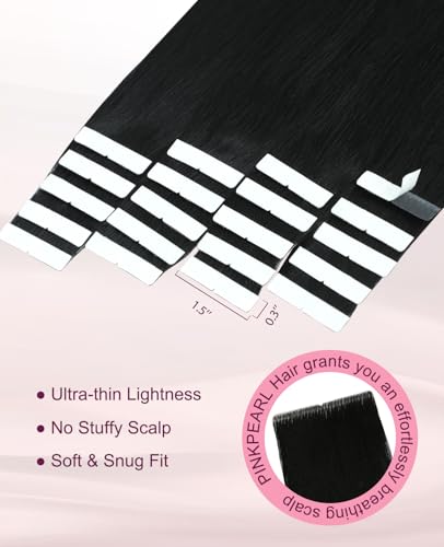Pinkpearl 14-Inch Jet Black Invisible Tape In Hair Extensions - 20pcs Remy Human Hair