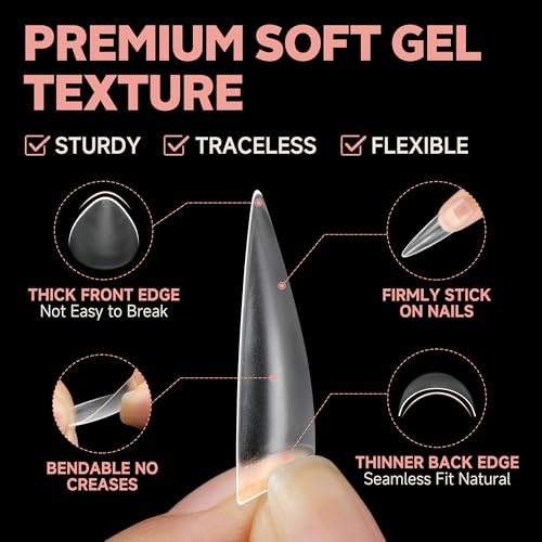 UNA GELLA B2-Half Long Clear Stiletto Gel Nail Tips - Double-Sided Matte Finish, 216pcs