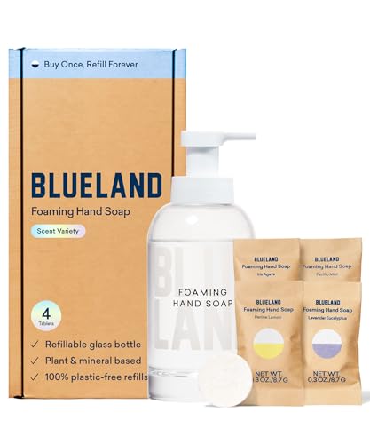 BLUELAND Hand Soap Starter Set - 1 Refillable Glass Foaming Hand Soap Container + 4 Tablets Refills, Variety Scents, Eco-Friendly Products & Cleaning Supplies,4 x 9 Fl oz Bottles (36 Fl oz Total)