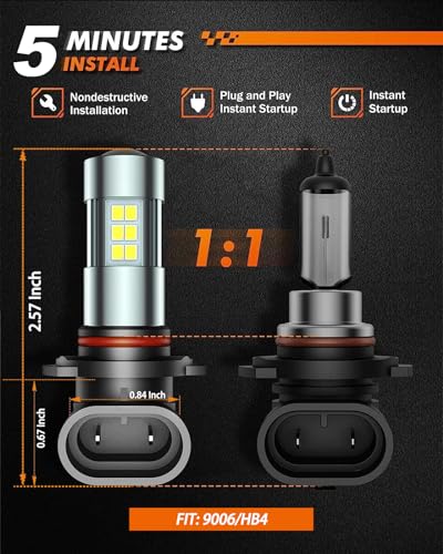 SEALIGHT 9006/HB4 LED Fog Light Bulbs, 360° Illumination 9006 HB4 Fog Lights LED for Car, 6000K Xenon White, 3 MINS Plug-and-Play, Pack of 2