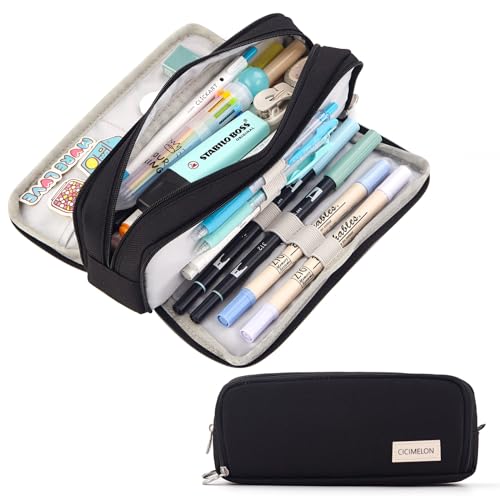 CICIMELON Large Capacity Pencil Case 3 Compartment Pouch Pen Bag for School Teen Girl Boy Men Women (Black)