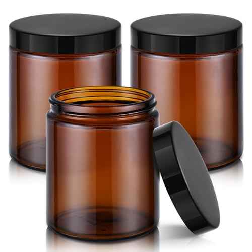 Tecohouse 8oz Amber Glass Jars with Lids, 3 Pack Candle Jars with Blank Labels, 250g Wide Mouth | Lotion Container for Sample, Cream, Lotion, Honey, Powder, Jelly | Home & Beauty
