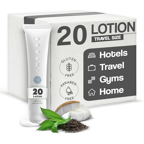 Travel Size Hotel Body Lotion 20 Count 1 oz Bottles Guest Amenities for Hotels Vacation Rentals and Short Term Rentals Paraben Free White Tea and Coconut Scent Infused with Aloe & Olive Oil by INFUSE