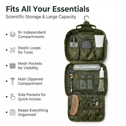 Mens Toiletry Travel Bag, Tactical Toiletry Bag for Men, Bathroom Hanging Toiletry Bag for Men Shaving Hygiene Bag Travel Toiletry Organizer Short Trips Bag, Green