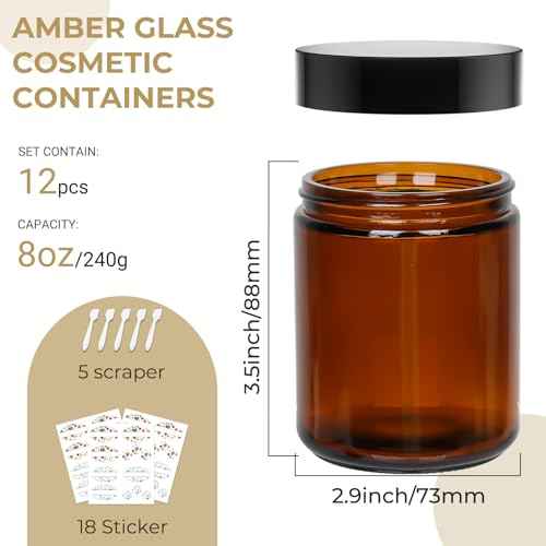 12 Pack 8 oz Amber Round Glass Jars, 240 g Empty Cosmetic Containers with Inner Liners, Black Plastics Lids Glass Jars with Lables for Cosmetics, Face Cream, Lotion, Ointments and DIY Candle