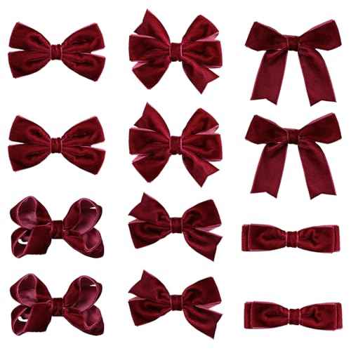 Dark Red Velvet Ribbon Hair Bows 12pcs 3¡± Small Burgundy Dressy Bow Alligator Clips School Uniform Decor Accessories for Teen Toddler Girls Women Christmas Valentines Xmas Gift