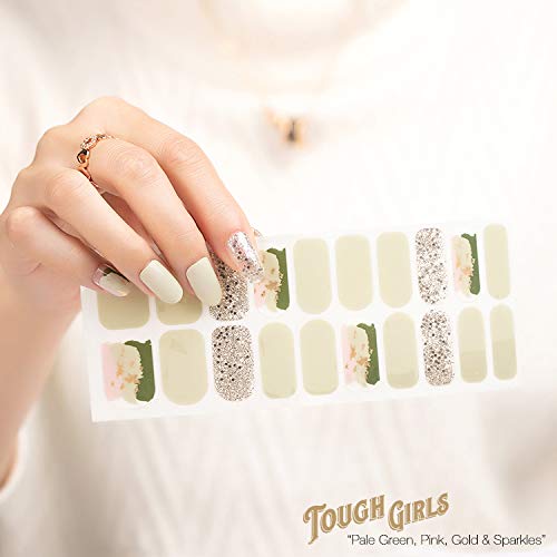 TOUGH GIRLS | 20 Exquisite Gel Nail Polish Strips w/Application Accessories - No UV/LED Lamp Required (Pale Green, Pink, Gold & Sparkles)