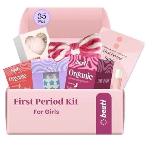 Besti First Period Kit for Girls (Ages 9-12) | Organic Pads & Liners, Pimple Patches, Bath Bomb, Lip Balm, Spa Headband & First Period Guide | Self-Care Gift Box for Teens ? Menstrual Starter Kit