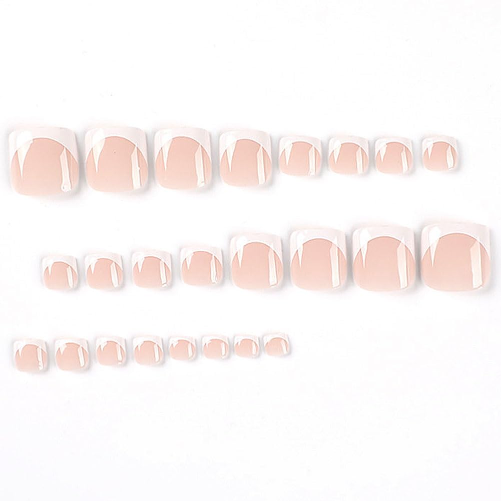 WAFOLOZE Press on Toenails Fake Toe Nails,Short Toe Nail Press ons,Glossy Toe Nails Press on Designs,Artificial Toenail Press on nails White French Tip Toe Nails for Women 24Pcs (A)