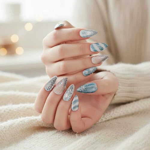 Press On Nails, White and Blue Snowflake Design, Medium Stiletto Shape, 10-Piece Set,Handmade Christmas Collection,(Medium)