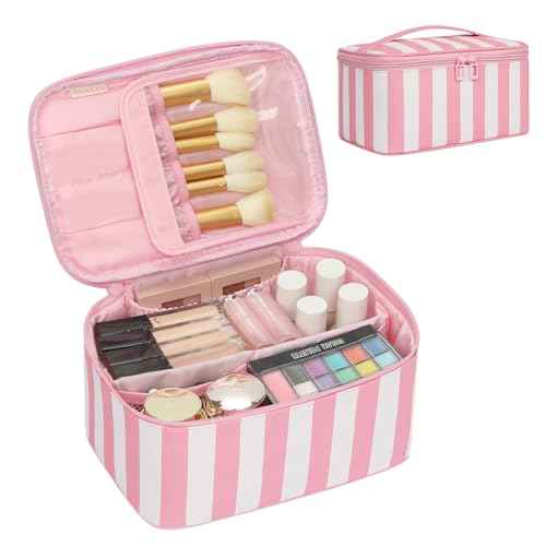 OCHEAL Makeup Bag,Travel Makeup Organizer Bag, Large Capacity Cosmetic Bags For Women Large Travel Toiletry Bag Girls Traveling With Brush Slot And Divider-Stripes Pink