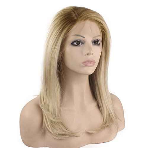MX angel Mid Length Straight Heat Resistant Dark Root Blond Synthetic Lace Front Wig