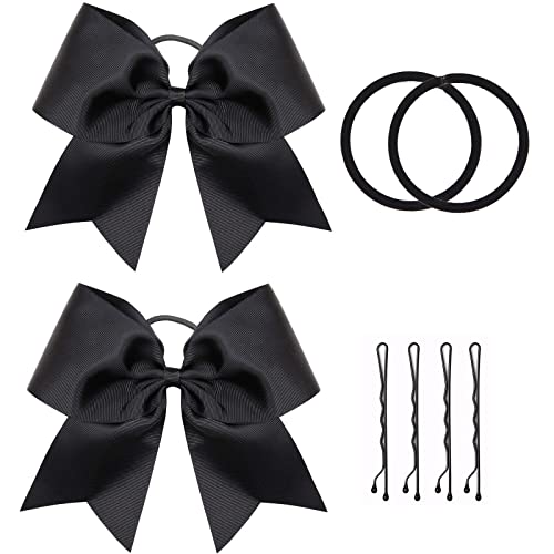 Black Cheer Bow, 2 PCS 8 Inch Large Cheer Hair Bows Ponytail Holder Elastic Band Handmade for Cheerleaders Teen Girls College Sports (Black)