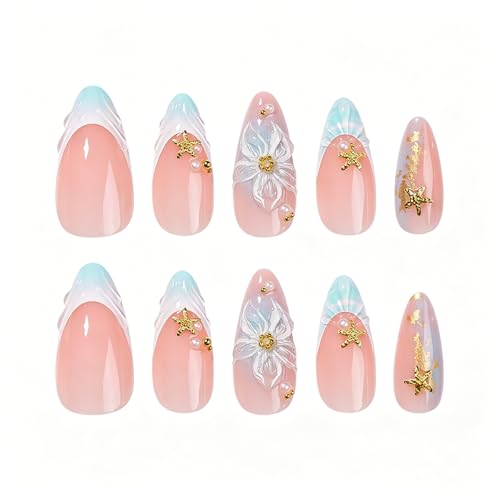 Medium Almond Press On Nails - Ocean Blue Starfish 24Pcs