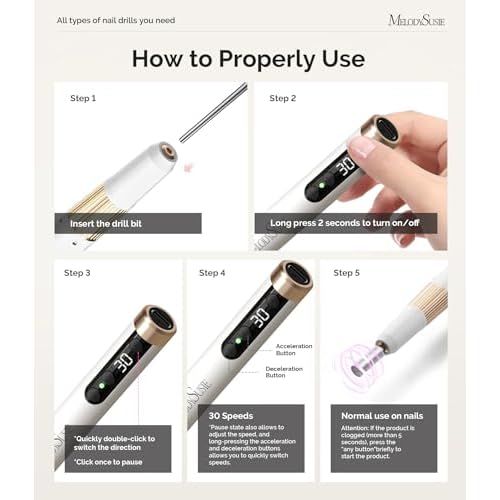 MelodySusie Pen-Shaped Ultra-Slim Cordless Nail Drill,PM180G 30000RPM Portable Rechargeable Electric File with Rotary Lock Design for All Manicure,Shaping & Acrylic Gel Removal for Advanced Home Use