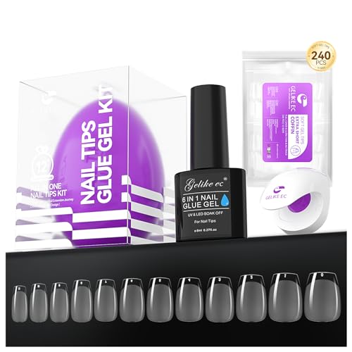 Gelike EC Gel X Nail Kit - 6 in 1 Milky White UV Gel Glue 16ml, No Wipe Top Coat Gel 8ml, 528PCS Short Square Nail Tips and UV Lamp…