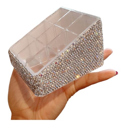 Bling Rhinestone 9-Compartment Lipstick Display Stand ? Elegant Desktop Lipsticks Organizer Box Holder for Lipsticks Lip Gloss (Silver)
