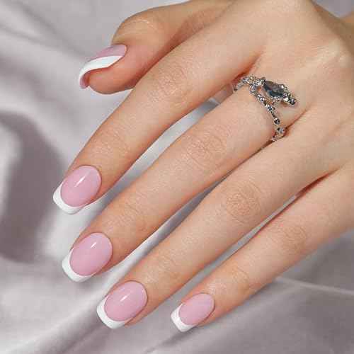 French Gel Nail Tips - Jofay Fashion French Tip Press on Nails, 10-Piece Set 320Pcs Short Square Nail Tips, Pre-applied Tip Primer & Base Coat, No Need to File Fake Nails for Nail Extension, 16 Sizes