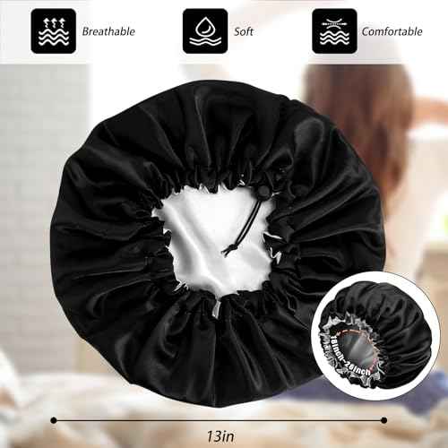 Satin Silk Bonnet for Curly Hair Bonnet Braid Bonnet for Sleeping Bonnets for Women Large Double-Layer Adjustable(Black&Pink)