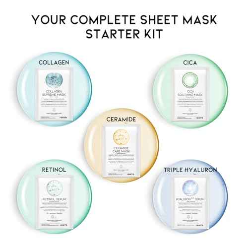 Hydrating Sheet Mask Starter Kit Variety Pack for Skin Care, Dry, Ance, Sensitive Skin, Korean Vegan Facial Sheet Mask for Men & Women, Collagen, Cica, Ceramide, Hyaluron, Retinol 5EA