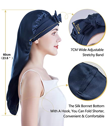 XL Blue Mulberry Silk Sleep Bonnet for Curly Hair - Non-Slip, Adjustable, Long Band