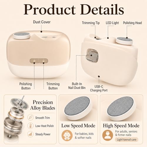 Colefoy 2-in-1 Electric Nail Clipper with Polishing & LED Light