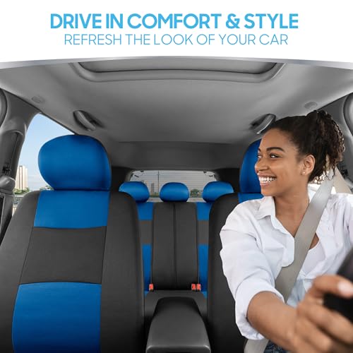 BDK PolyPro Car Seat Covers Full Set in Blue on Black – Front and Rear Split Bench Seat Covers, Easy to Install, Car Accessories for Auto Trucks Van SUV