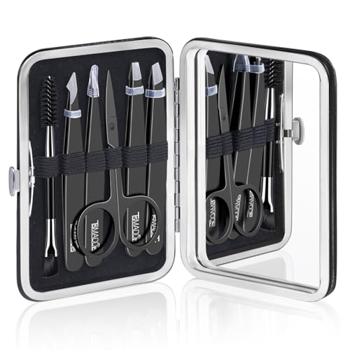 TsMADDTs Tweezers Set for Men - Professional Eyebrow Tweezers for Hair & Ingrown Hair Plucking with Scissor, Mirror, Travel Case (Black)