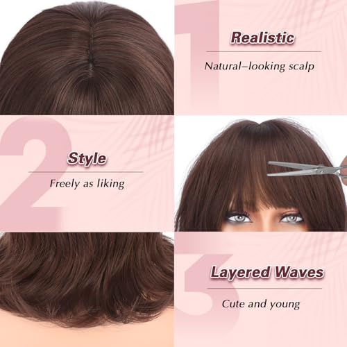 Haloo Reddish Brown Short Wavy Bob Wig with Bangs - 14 Inch Synthetic Hair for Women