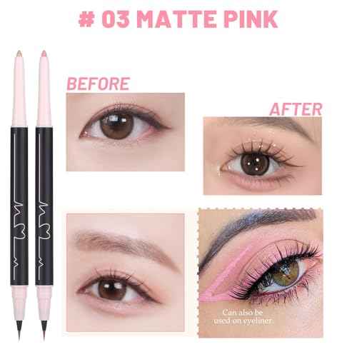 3PC Dual Ended Makeup Highlighter Pen, Glitter & Matte Nude Pink EyeLiner & Eyeshadow, Liquid Contour Liner 2 in 1 Eye Make Up Stick, Mulit-Funtional Long Lasting Lying Silkworm Pencil Set