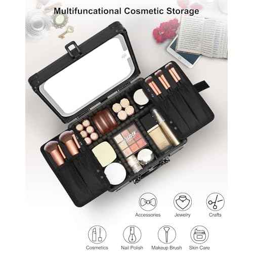 Relavel Makeup Bag with LED Mirror, Makeup Box Travel Train Case with Rechargeable Lighted Mirror & Adjustable Dividers, Cosmetic Brush Organizer Storage for Makeup Artists Gifts for Women and Girls
