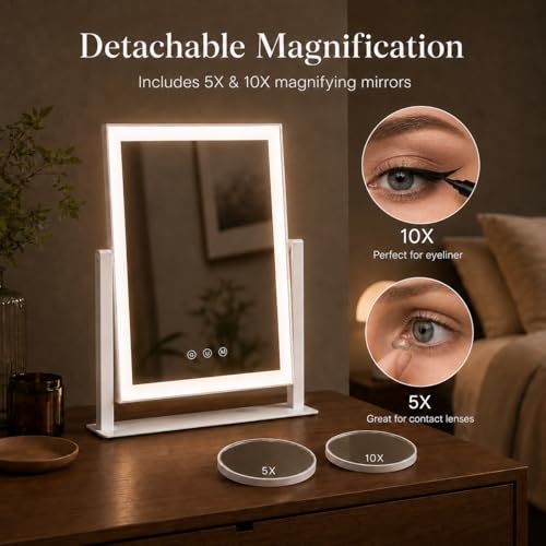 Lighted Makeup Mirror 17.3in with 10X/5X Magnifiers & 3 Color Modes