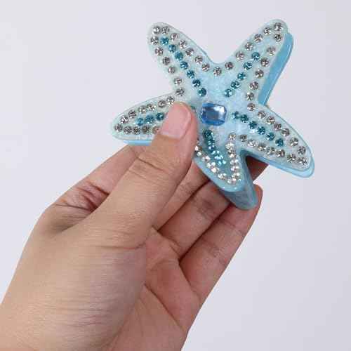 3.15 inch Acrylic Starfish Hair Claw Clip for Women Girls, Non-Slip Blue Rhinestone Ocean Animal Jaw Clamp Strong Holder for Thick Thin Hair Styling Accessory Beach Vacation Gift